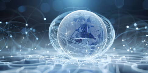 A futuristic abstract digital design featuring a geometric sphere composed of interconnected lines and nodes at the center, surrounded by multiple concentric circles and orbiting line. Generative AI.