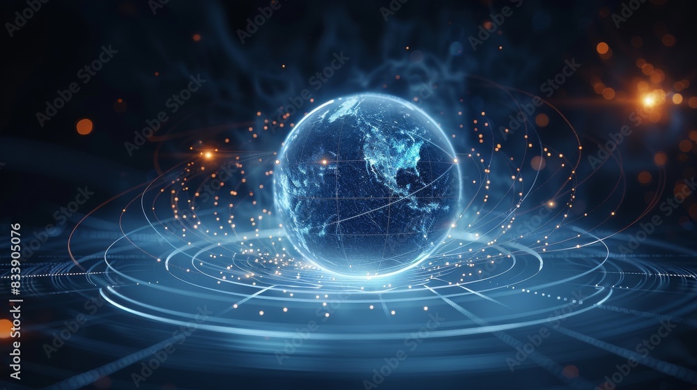 Aufkleber A futuristic abstract digital design featuring a geometric sphere composed of interconnected lines and nodes at the center, surrounded by multiple concentric circles and orbiting line. Generative AI.