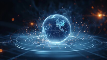 Obraz premium A futuristic abstract digital design featuring a geometric sphere composed of interconnected lines and nodes at the center, surrounded by multiple concentric circles and orbiting line. Generative AI.