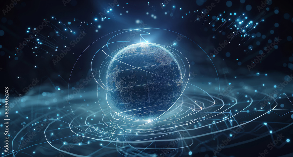 Poster a futuristic abstract digital design featuring a geometric sphere composed of interconnected lines a