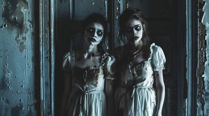 Two girl sisters with zombie make up in vintage dresses holding hand standing on retro vintage castle indoor background, scary high quality Halloween event backgrounds, haunted house concept.