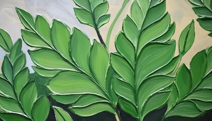 a decorative painting of green leaves with thick oil painting texture effect green leaves with three dimensional effect of thick paint rich in details simple and modern leaf painting