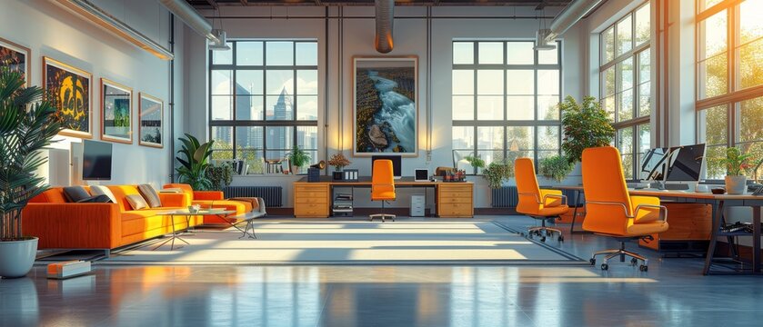 A hybrid work environment in a modern office with a mix of in-office and remote employees on screens collaborative spaces and flexible workstations The scene should promote inclusivity and innovation