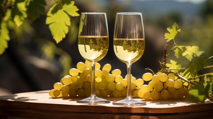 Two glasses of white wine and grapes on table in vineyard.