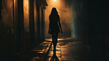 Silhouette of a young woman walking home alone at night on empty street , concept of scared of stalker and being assault , insecurity, work late is dangerous and weakness of single young woman.