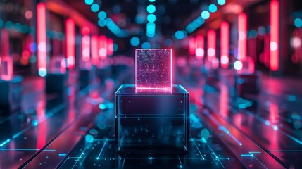 A blockchain-based voting system for shareholder meetings with digital votes being cast transparent tracking and secure verification The scene should evoke trust and modernity Render in an abstract