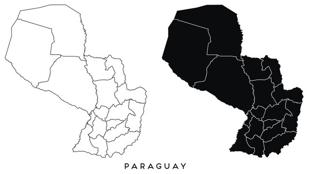 Paraguay map of city regions districts vector black on white and outline