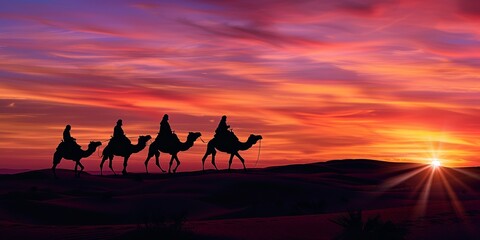 Silhouette of camel caravan in Sahara desert, Indian camel driver with camel silhouettes in sand dunes of Thar desert on sunset, concept of travel, adventure, Bethlehem, three Kings.
