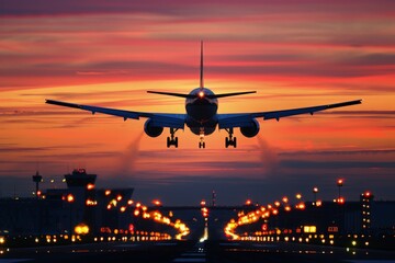 Fototapeta na wymiar A dramatic shot of an airplane taking off at sunset, with the runway lights reflecting on the tarmac and the airplane silhouetted against the vibrant, fiery sky.