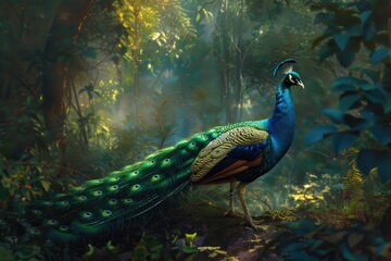 Fototapeta premium A majestic peacock stands amidst the trees in a dense forest
