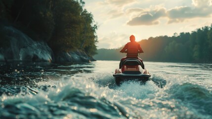 A person riding a personal watercraft across a body of water, with the surrounding landscape visible in the background