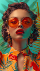 Fototapeta premium Retro style pastel colors summer background. Fashion woman wearing big sunglasses.