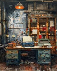 A traditional business transitioning to digital featuring old-fashioned desks and typewriters alongside modern computers and digital devices The scene should evoke the blend of past and future Create