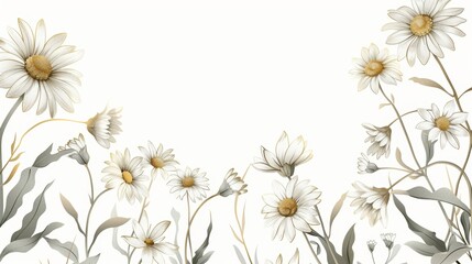 Daisies floral, luxury botanical on white background vector, empty space in the middle to leave room for text or logo, gold line wallpaper, leaves, flower, foliage, hand drawn