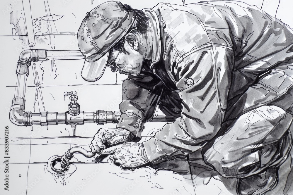 Poster a close-up image of a person repairing a pipe in a straightforward manner, suitable for use in illus