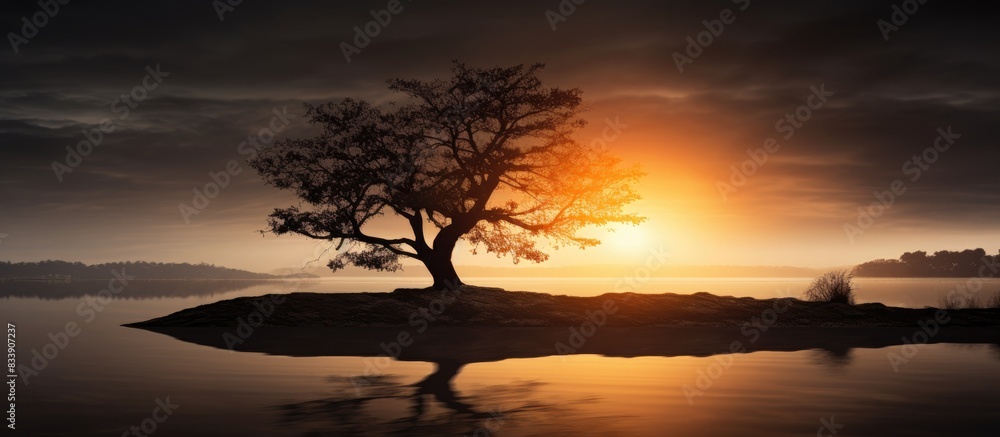 Fototapete The tranquil evening scene with the sun casting a warm glow on the gray sky, creating a captivating silhouette of a tree in the backdrop. with copy space image. Place for adding text or design