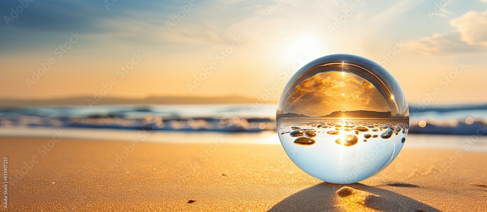 Poster Crystal ball resting on golden sandy beach with abundant open space for  copy space image.