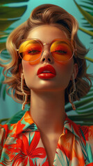 Obraz premium Retro style pastel colors summer background. Fashion woman wearing big sunglasses.