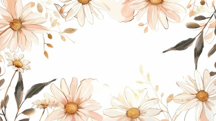 Daisies floral, luxury botanical on white background vector, empty space in the middle to leave room for text or logo, gold line wallpaper, leaves, flower, foliage, hand drawn