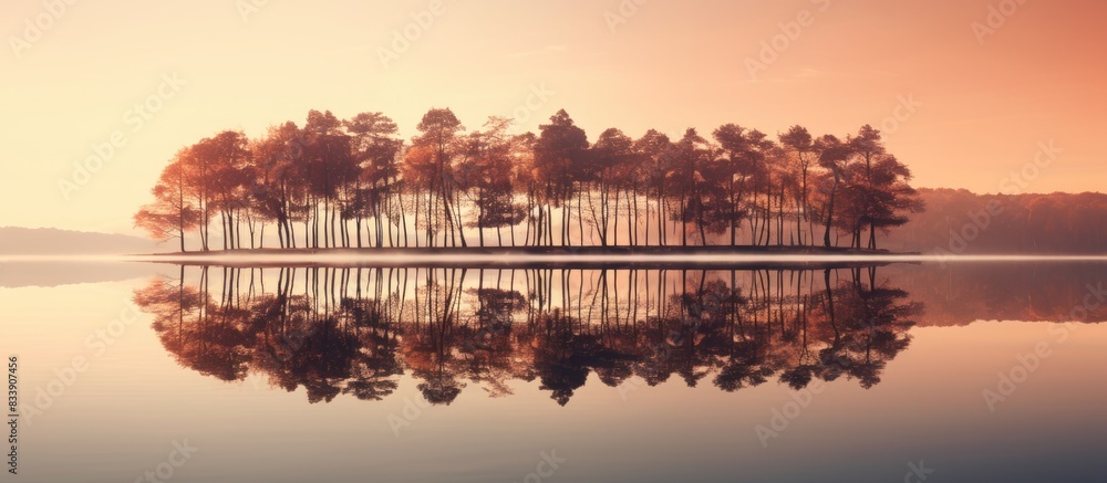 Aufkleber Tranquil view of trees and sunset mirrored on a lake with copy space image.