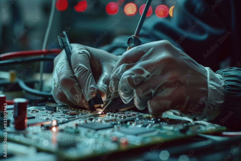 Poster Close-up view of someone working on a circuit board, focusing on electronics assembly