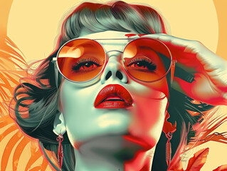 Fototapeta premium Retro style pastel colors summer background. Fashion woman wearing big sunglasses.