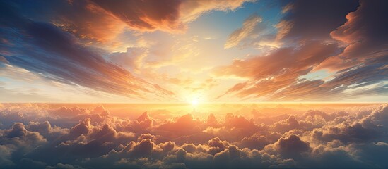 Appreciate the stunning sunset and sunrise scenery showcasing clouds, light rays, and atmospheric effects in a picturesque copy space image.