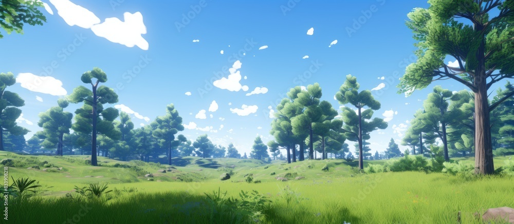 Poster Lush green trees with a clear blue sky in the background, featuring trees set against a cloudless sky. with copy space image. Place for adding text or design