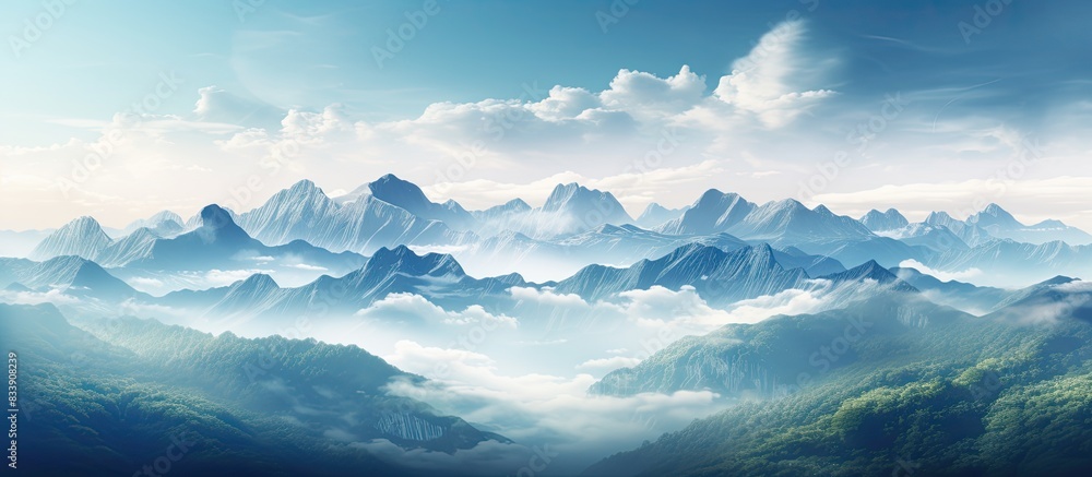 Poster observe the breathtaking natural scenery with mountains in the background, perfect as a copy space i