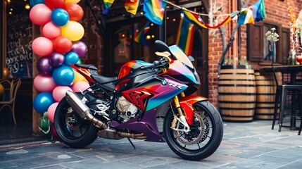 4. An exotic motorcycle with a custom rainbow vinyl wrap, parked at an exclusive event space decorated with Pride Month banners and balloons, emphasizing luxury and festivity