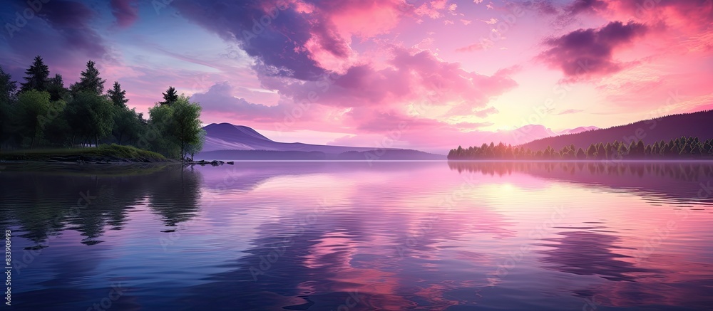 Aufkleber a serene scene of a purple sunset reflected on the tranquil lake, creating a picturesque view with s