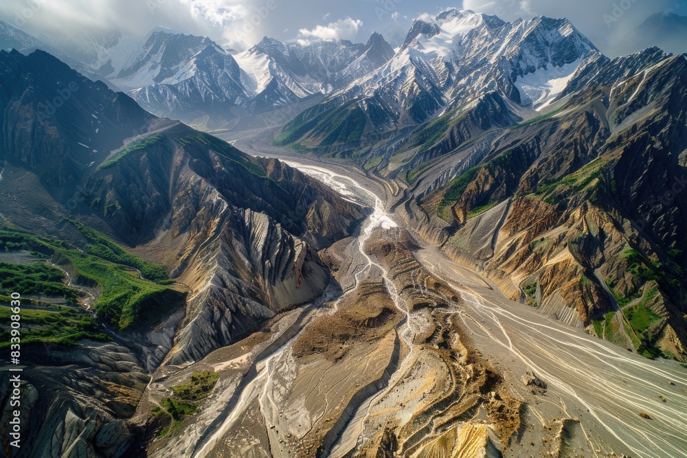 Poster Aerial view of a mountain range with a river flowing through it