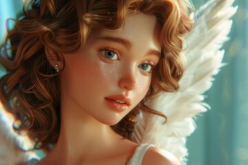 Naklejka premium A portrait of a woman wearing angel wings on her head, a creative and imaginative scene