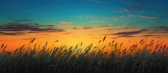 Fototapeta premium Colorful sunrise or sunset sky with dramatic yellow, orange, and blue hues, contrasting a dark ground, above silhouettes of grass, offering a captivating copy space image.