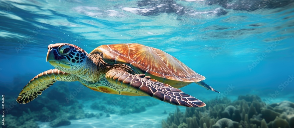 Poster Sea turtle peacefully resting in the clear blue ocean with a vast empty space for inserting images. with copy space image. Place for adding text or design