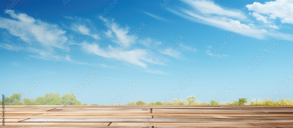 Leinwandbilder a wooden table surface set against a clear blue sky in summer provides a compelling backdrop for sho