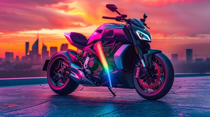 Fototapeta premium 9. A high-performance motorcycle with a rainbow-colored racing stripe, set against a dynamic cityscape at sunset, highlighting the vibrant Pride atmosphere and the bike's aerodynamic design
