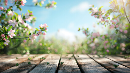 spring background with wooden table and blurred green spring nature, apple tree blossoms in the garden.