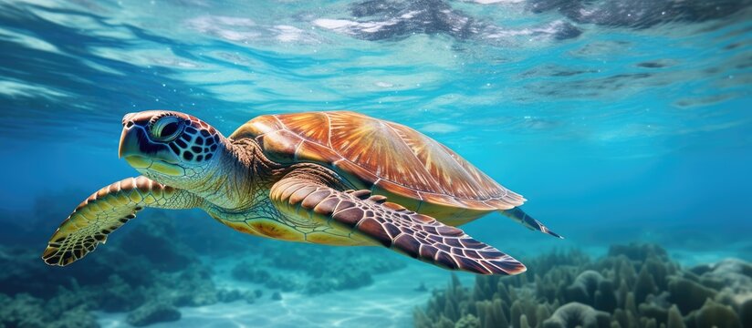 Sea turtle peacefully resting in the clear blue ocean with a vast empty space for inserting images. with copy space image. Place for adding text or design