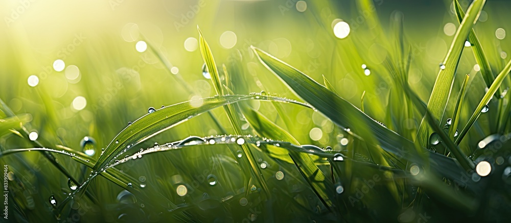 Poster morning sunlight touching wet grass leaves, with droplets creating a tranquil scene in a copy space 