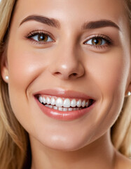 Fototapeta premium Young woman with perfect healthy pearly white teeth smile. Health, teeth whitening, dental care, dentistry, stomatology concept