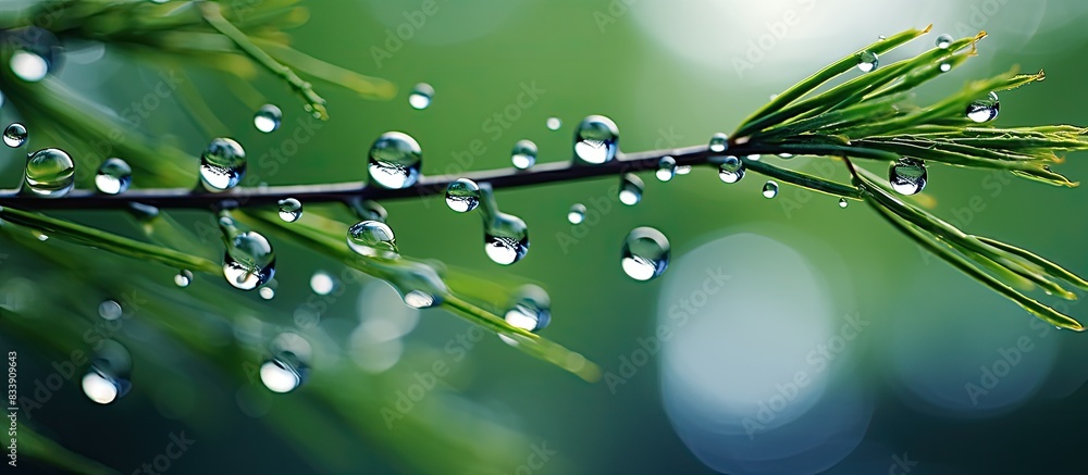 Poster water droplets glisten on the tree's needles, creating a serene scene in the copy space image.