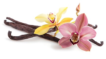 Two orchid flowers and vanilla pods isolated on a white background with a soft shadow. 