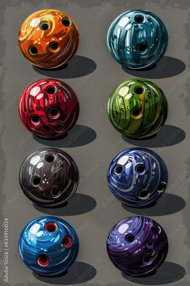 Poster a collection of brightly colored bowling balls arranged on a table