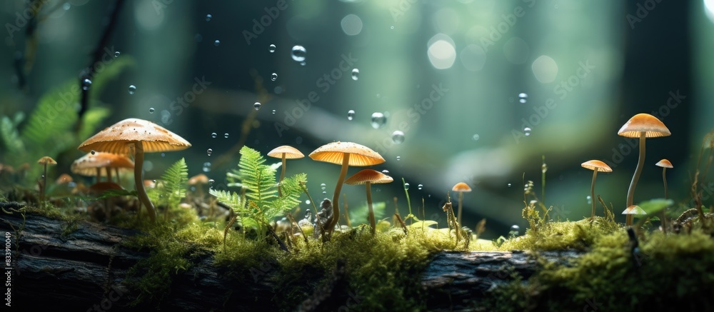 Poster fungi growing in the heart of the dense forest, with ample copy space image.
