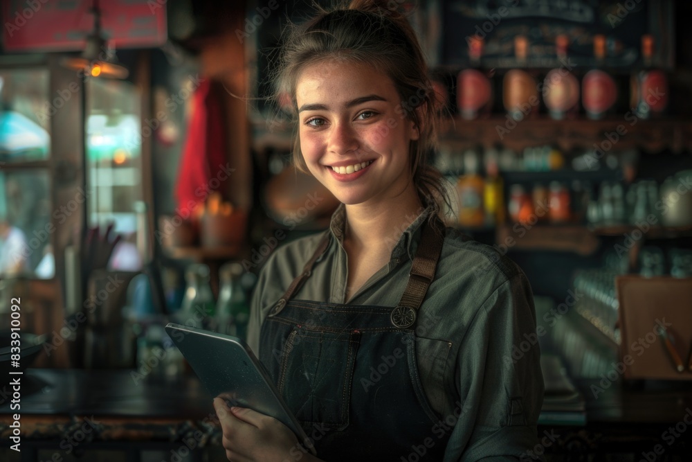 Poster a woman standing in front of a bar, holding a tablet for ordering or accessing information