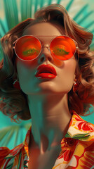Fototapeta premium Retro style pastel colors summer background. Fashion woman wearing big sunglasses.
