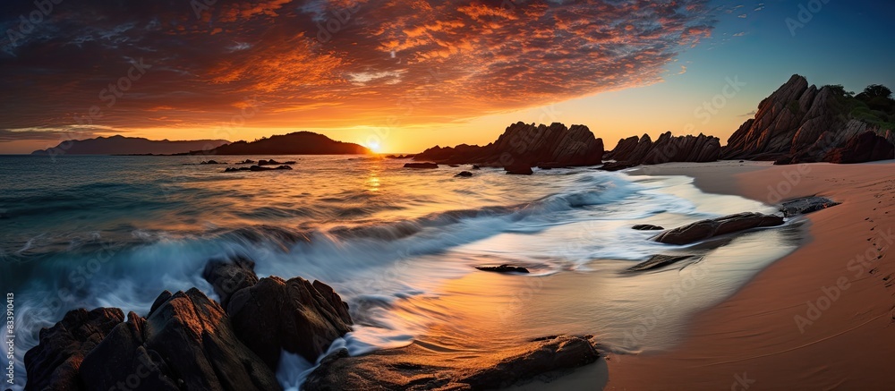 Poster capture a stunning landscape image of a beach at sunset with copy space image.