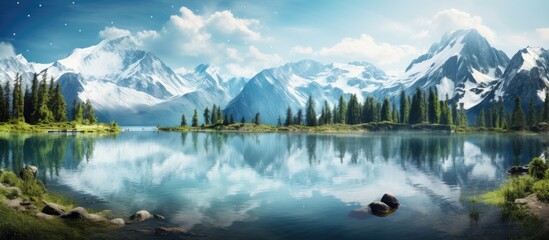Naklejka premium Scenic lake with stunning mountains as a backdrop, providing a serene copy space image.