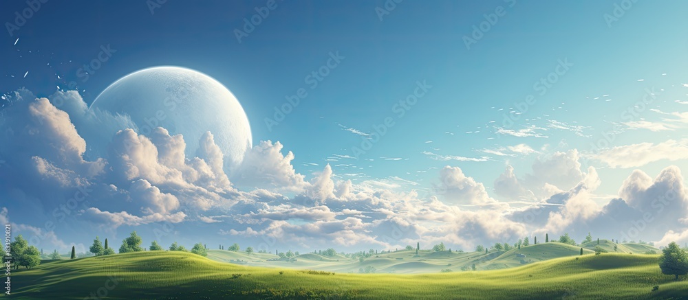 Poster Cloud resembling a crescent shape hovering above a meadow, with an open area for text or graphics. with copy space image. Place for adding text or design